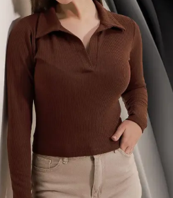 Casual Polyester Blend Ribbed Collar V-Neck & Regular Long Sleeves Stylish Sky Top