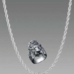 Silver plated chain with silver plated KGF LION shape adjustable ring combo set Rhodium Plated Stainless Steel Chain