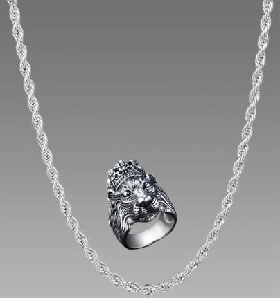 Silver plated chain with silver plated KGF LION shape adjustable ring combo set Rhodium Plated Stainless Steel Chain