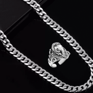 Silver plated chain with silver plated Ganpati shape adjustable ring combo set Rhodium Plated Stainless Steel Chain